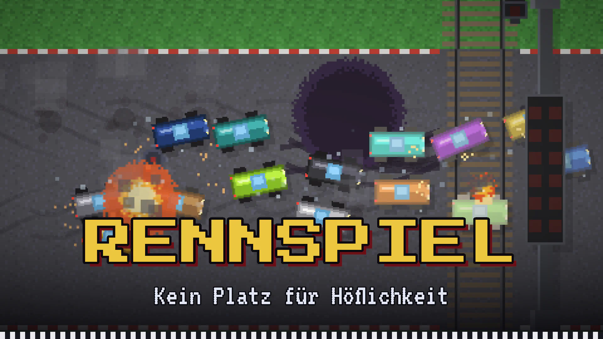 Rennspiel: sechzehn Pixel-Autos ineinander verkeilt auf einer grauen Straße, eines davon explodiert gerade, darunter der Schriftzug Rennspiel und die Zeile Kein Platz für Höflichkeit
