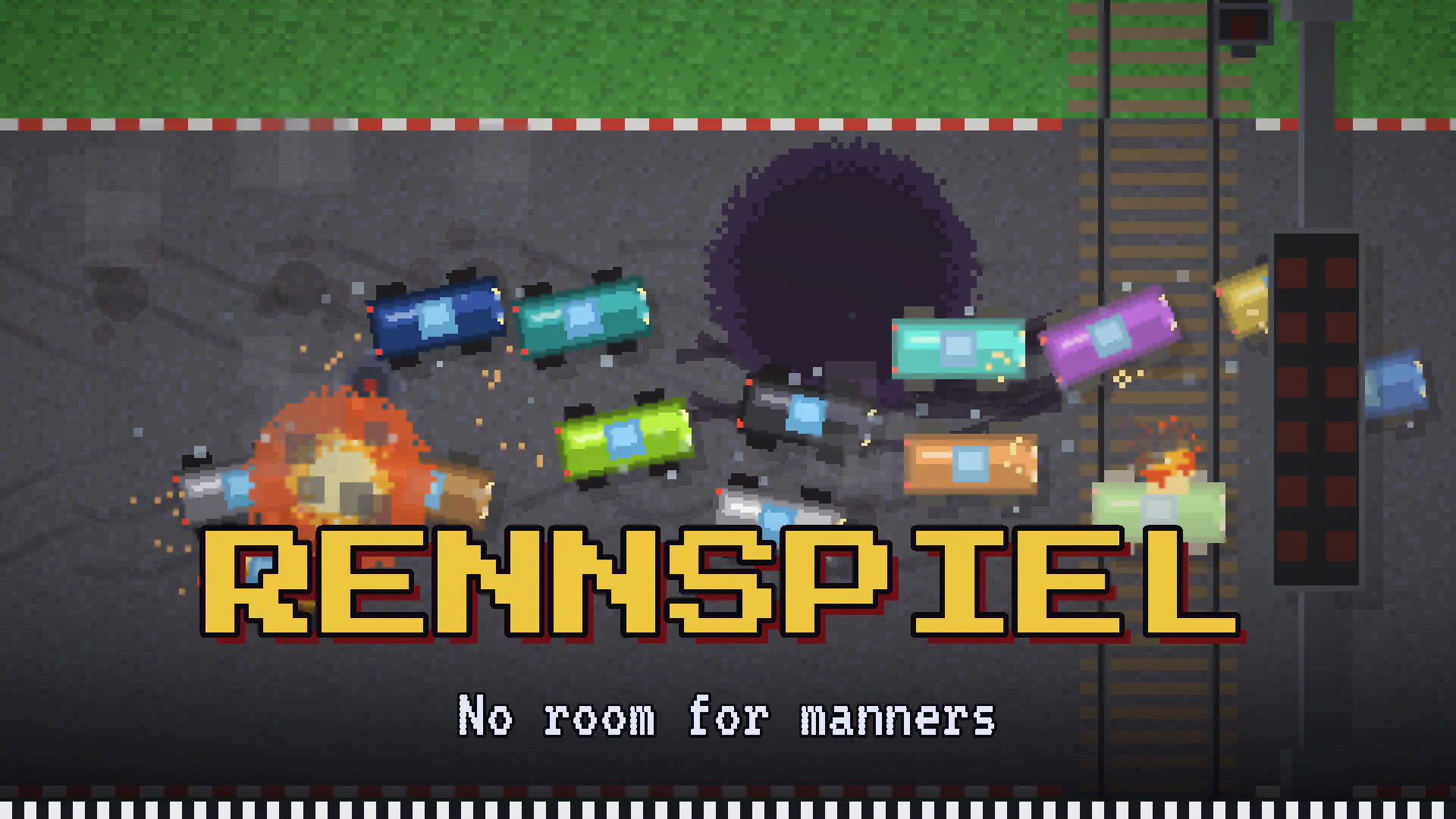 Rennspiel: sixteen pixel cars tangled together on a grey road, one of them going up in flames, with the word Rennspiel and the line No room for manners underneath