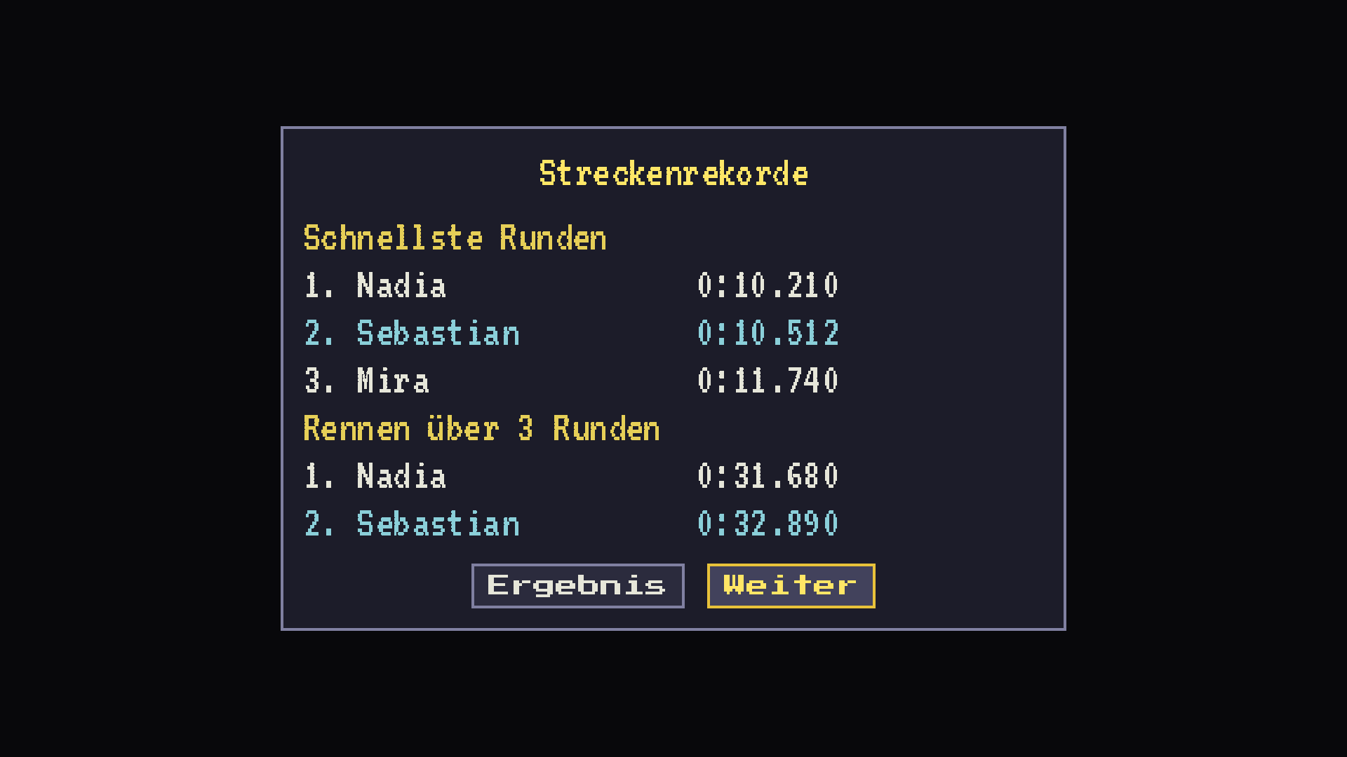 Die Rekordtafel einer Strecke mit Runden- und Rennzeiten