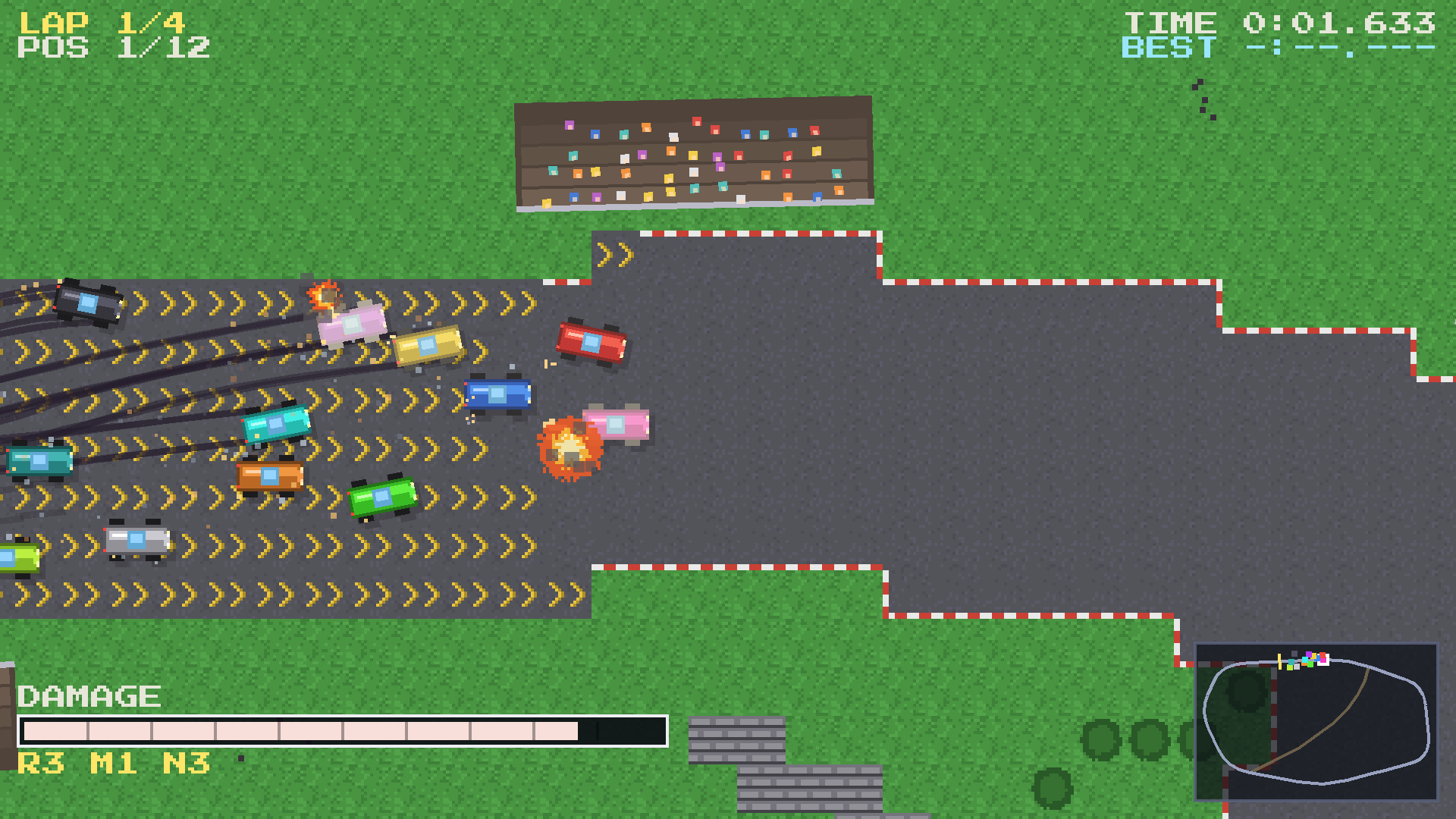 Sixteen cars close together over yellow boost chevrons, one of them going up in flames beside the grandstand