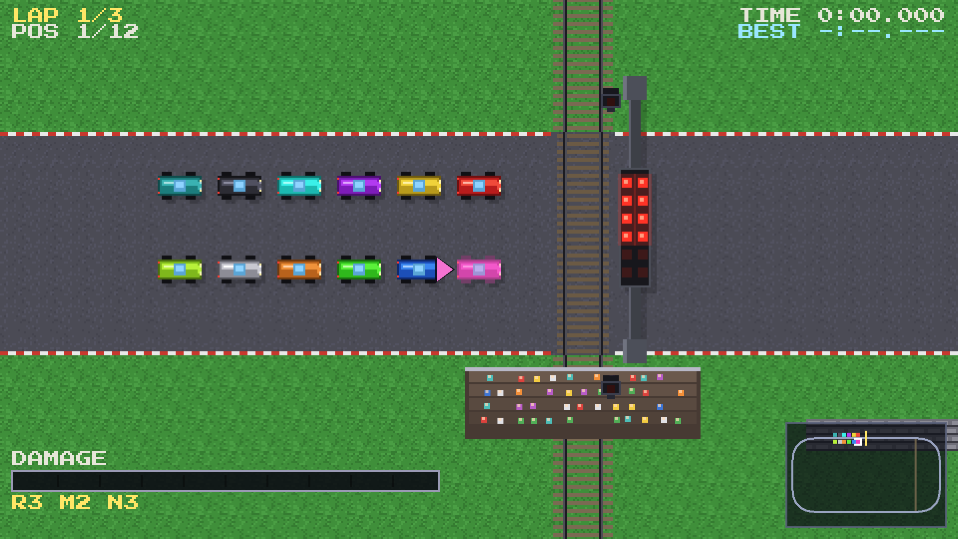 Twelve cars on the grid in front of a level crossing