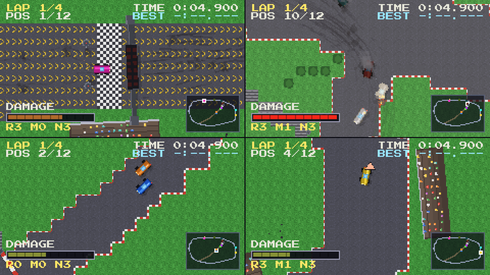 Four game views on one screen, each with its own lap counter and map
