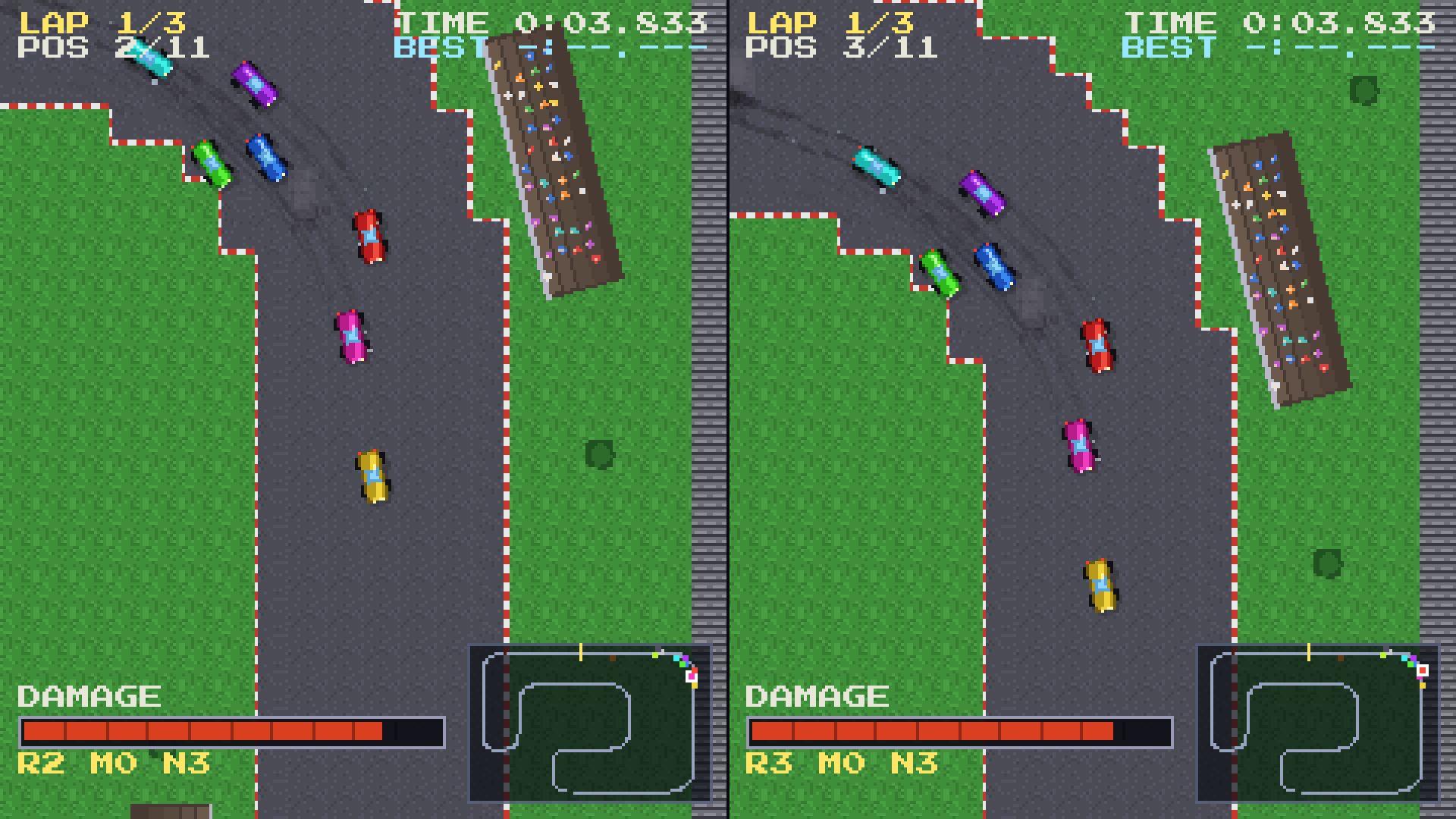 Two game views side by side on a park track