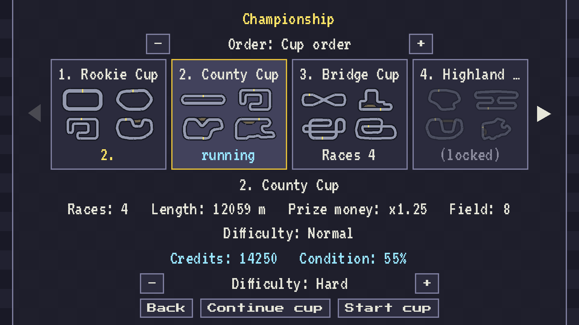 The cup menu with tiles, four track outlines on each