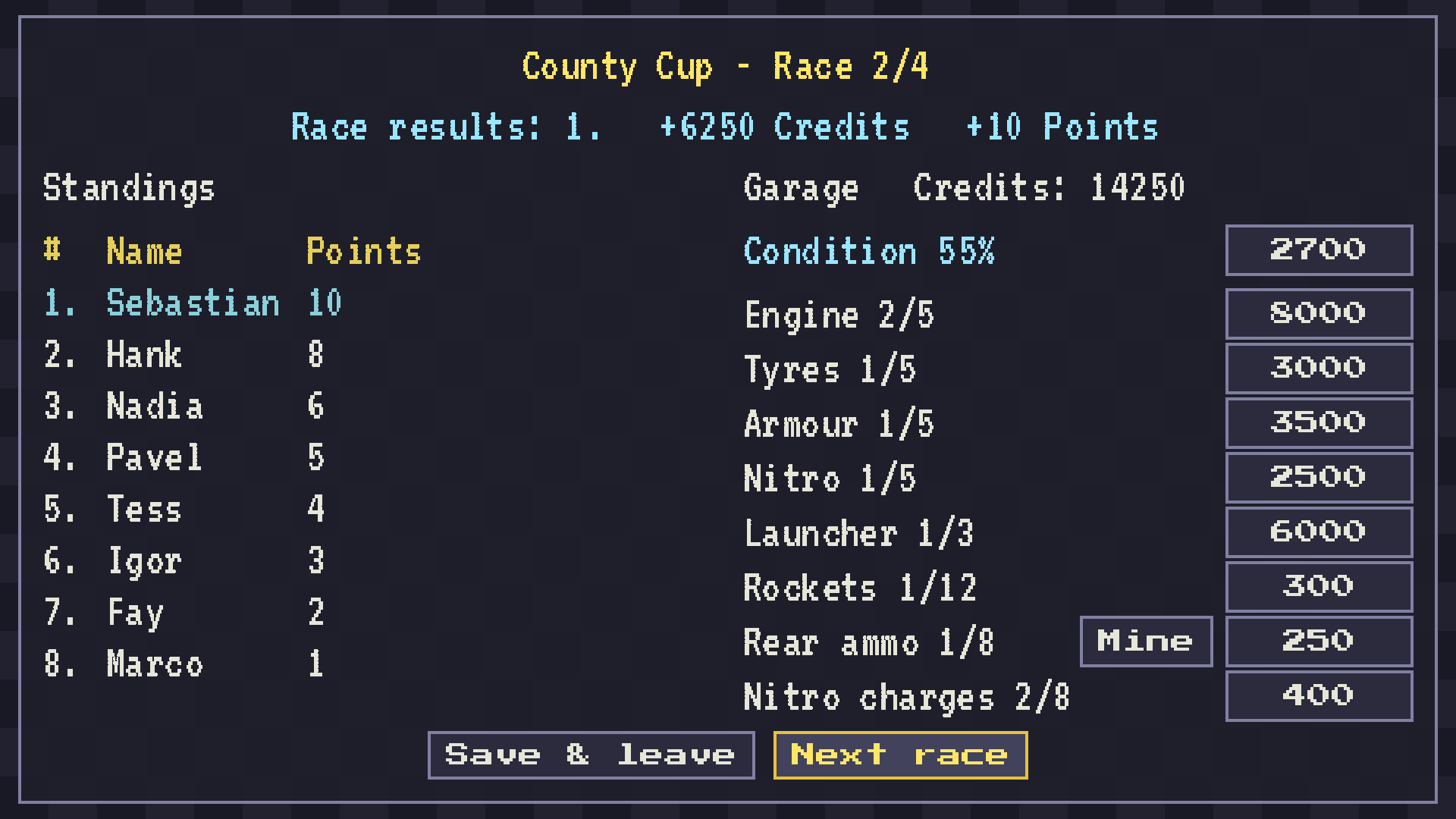 The shop between two races with prices for engine, tyres, armour and weapons