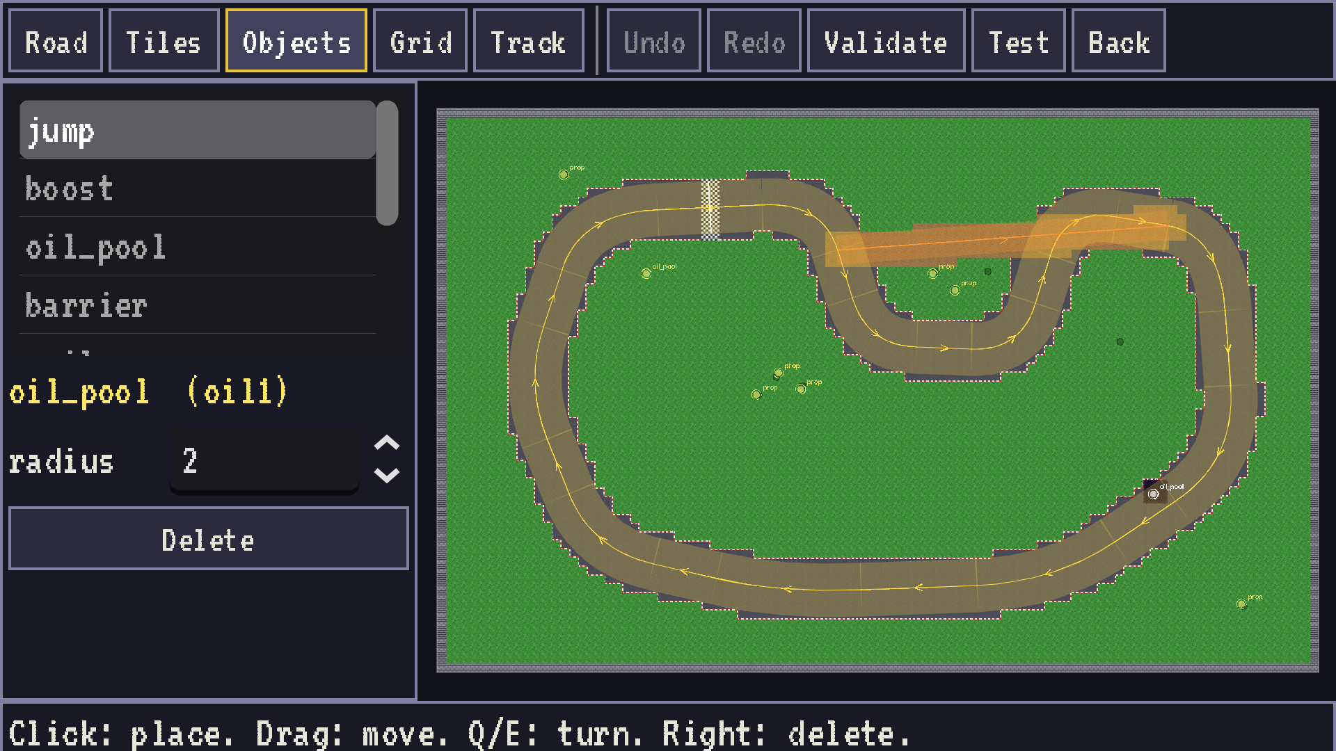 The track editor with an oval track, a toolbar and an object list